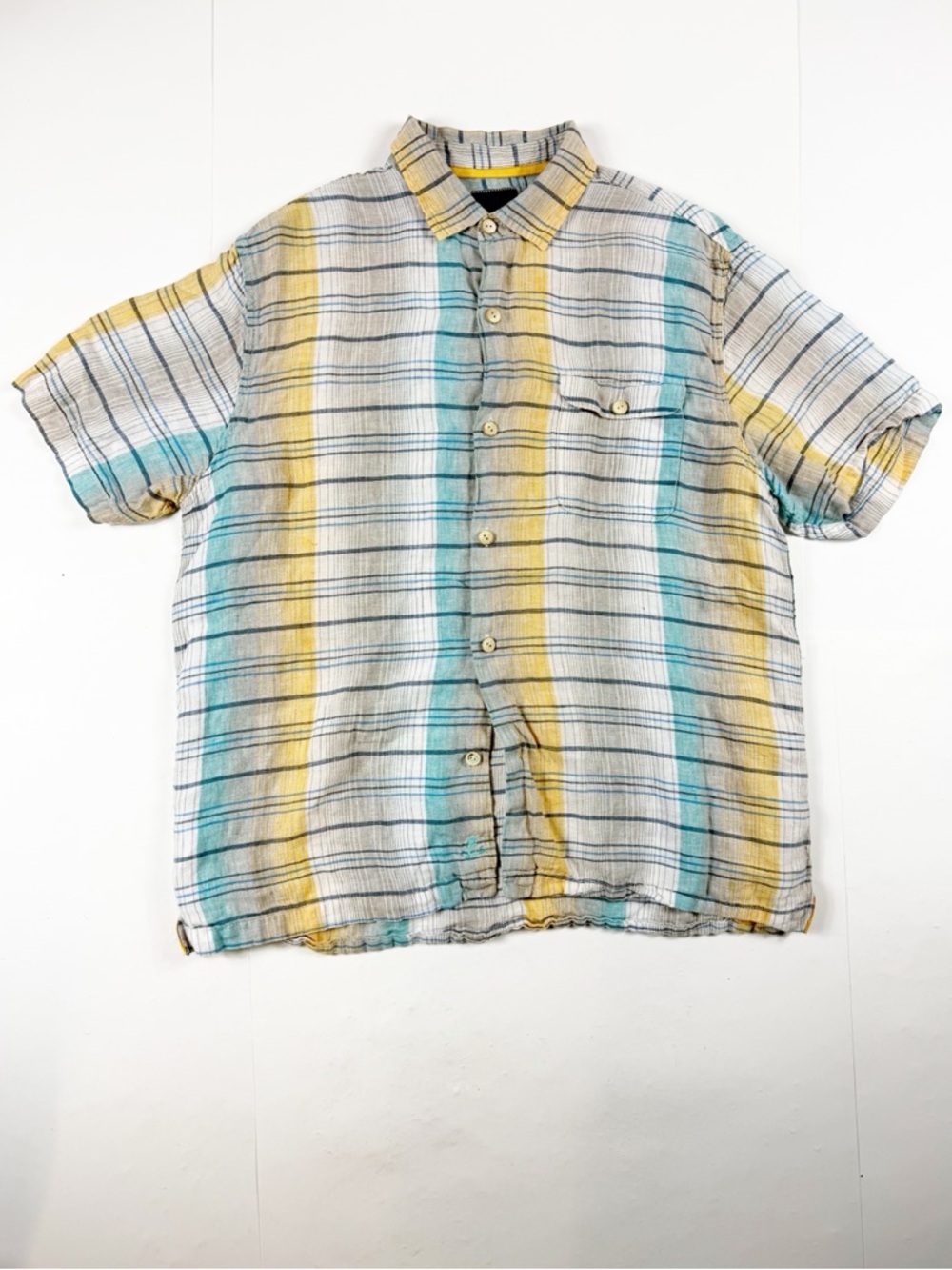 Tommy Bahama Men's Short Sleeve Striped Button-Up Shirt Yellow & Teal 100% Linen